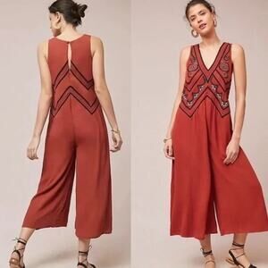 Anthropologie Maeve Desert Rust Embroidered Sleeveless Flowing Jumpsuit